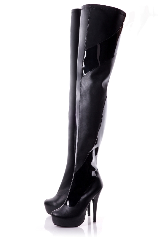 Crotch High Black Matt PU Boots With Patent Detail 