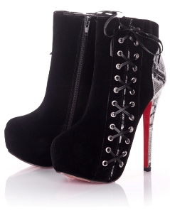 Black Suede Ankle Boots With Snake Skin Heel 